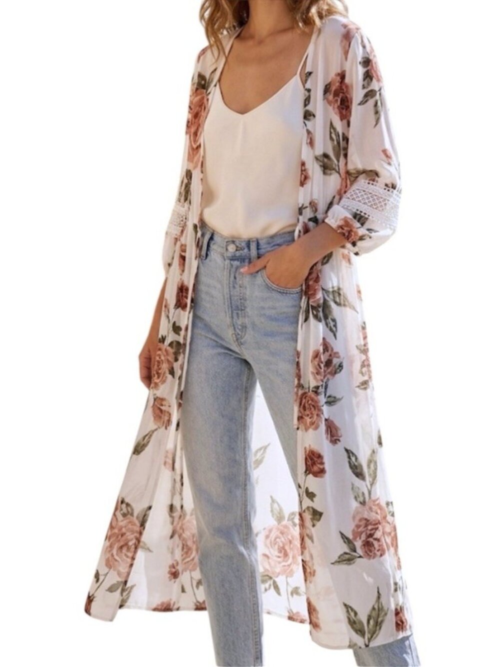 EMBER Floral Sheer Maxi Cottagecore Romantic Boho Duster Cardigan Size Large